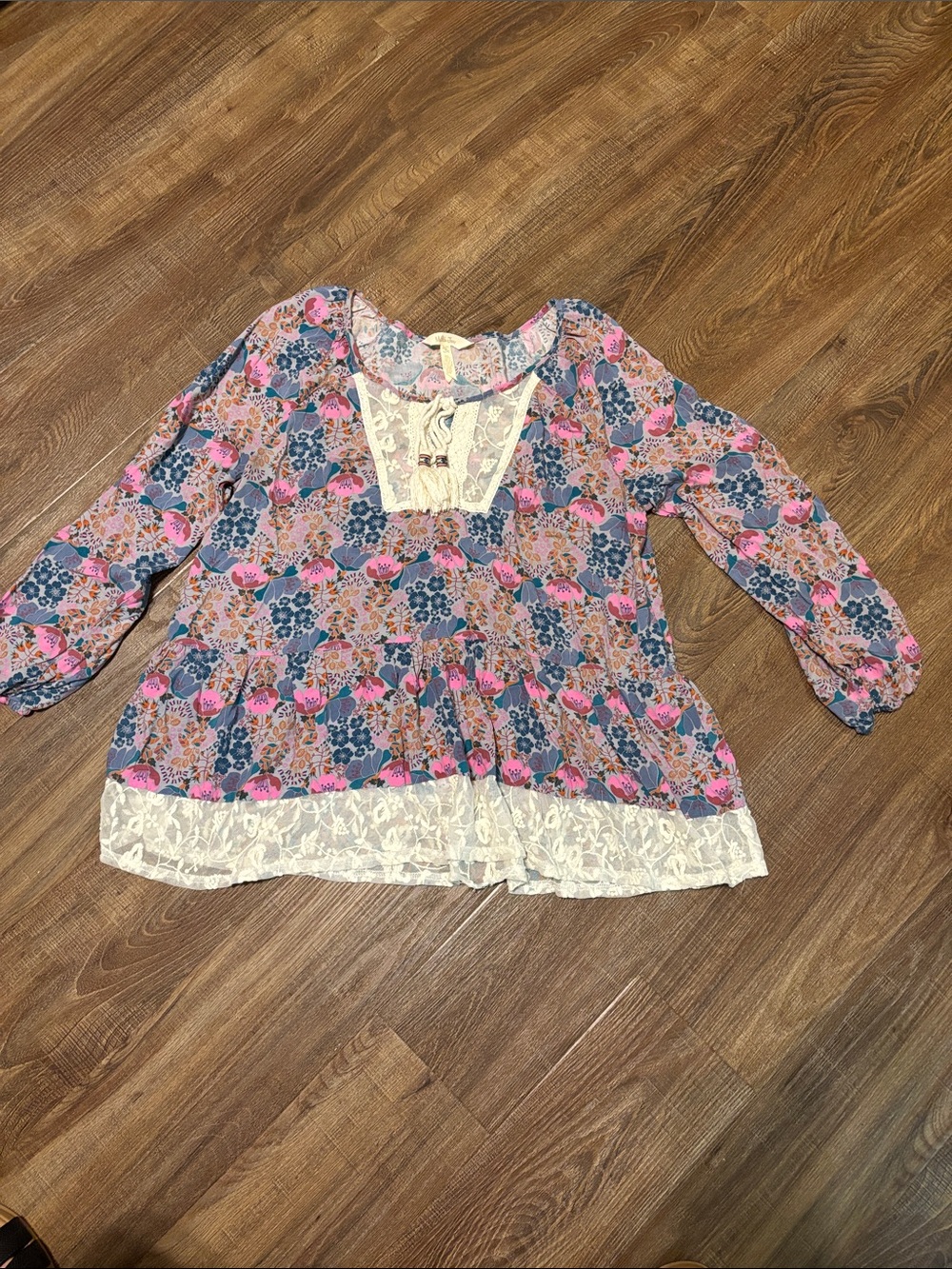 Women’s Matilda Jane Pink & Blue Floral Lace-Trim Peasant Tunic